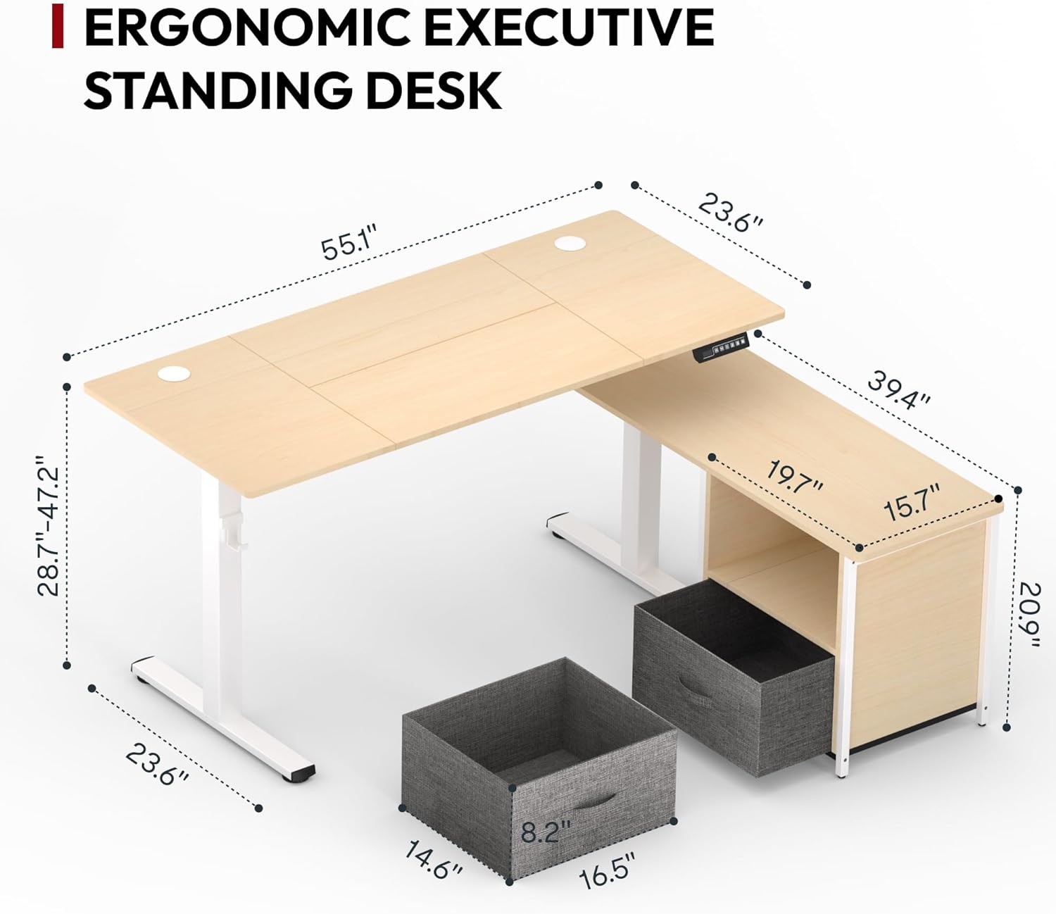 SANODESK 55'' L Shaped Standing Desk with 2-Drawer File Cabinet, Electric Height Adjustable Stand up Desk w/USB Charge Ports, Home Office Modern Wood Computer Desk with Shelves,White Frame/Maple Top