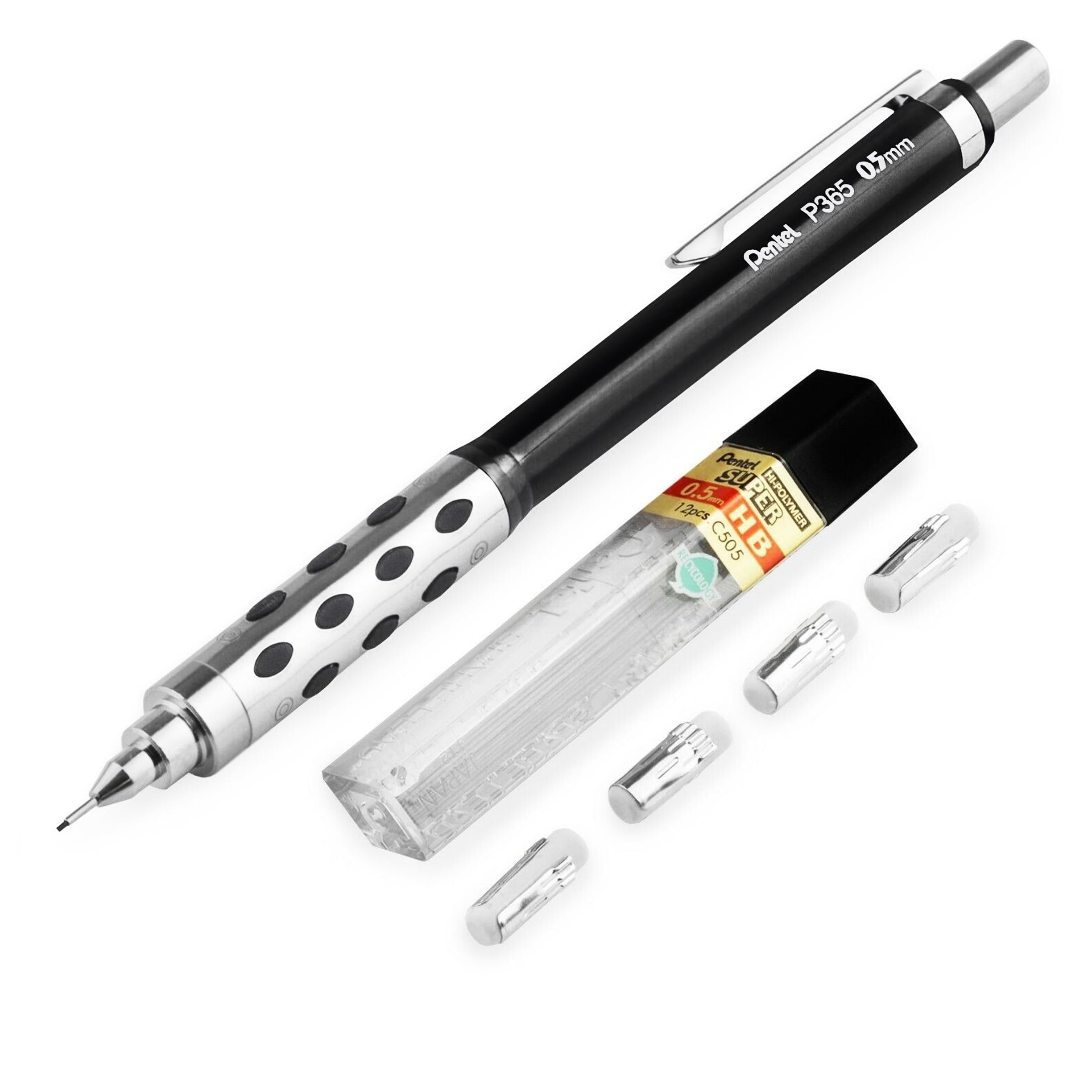 Pentel Portaminas automático P365, 0,5 mm, barril negro, lápiz individual + 12 minas HB + 4 recambios de borrador