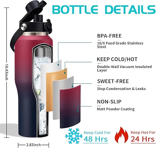Miniatura 3 de Frasco de agua de 64 onzas y botellas de agua de 32 onzas que se adaptan a portavasos, botella de agua de acero inoxidable con popote, mango de