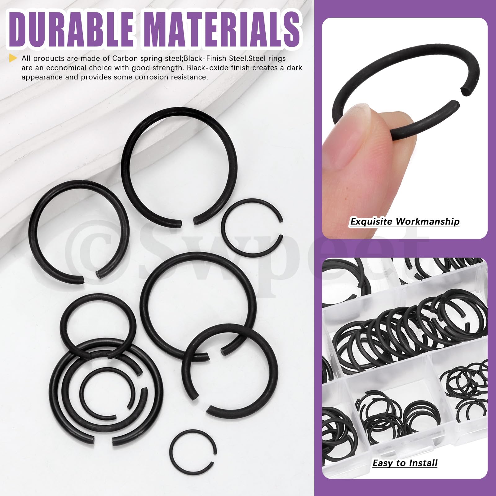 Swpeet 150Pcs 10 Sizes 10mm-26mm Carbon Spring Steel Manganese Steel Round Wire C-Clips External Snap Ring Assortment Kit - Image 4
