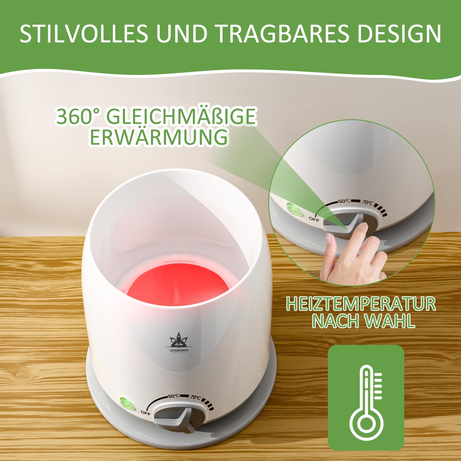Massageöl - Massageölwärmer - Wärmer mit Glaskaraffe - 5 Minuten schnelles Erhitzen - Entspannung durch angenehm warmes Massage