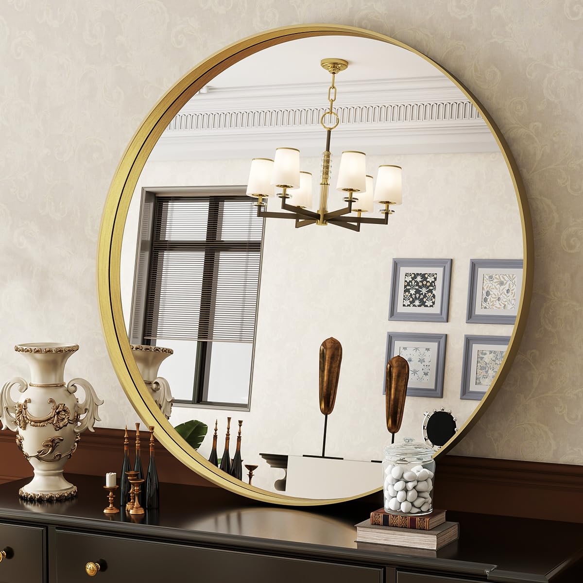 Koonmi Espejo redondo de lujo de 81 cm, marco profundo dorado, espejo de pared redondo con marco de metal cepillado negro para baño, salón, entrada, decoración de pared