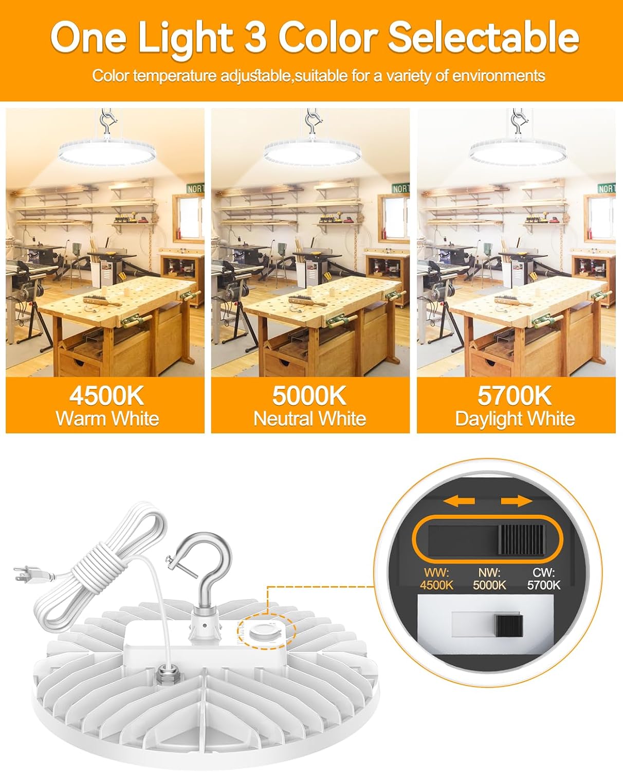 High Bay Light UFO LED 150W/120W/90W 4500K/5000K/5700K Dimmable | ETL Listed, 3 Wattage Tunable, 3 CCT Tunable, US Plug, Shop Gym Factory Warehouse