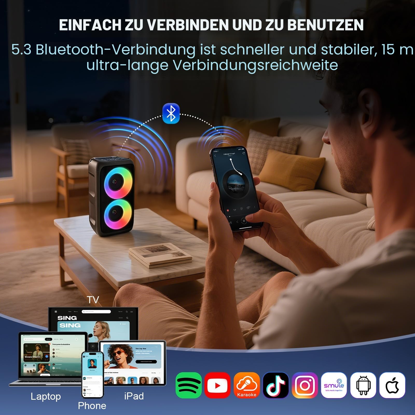 Karaoke Maschine mit 2 kabellosen Mikrofonen – 2x10W Tragbarer Bluetooth Lautsprecher, unterstützt TWS/AUX/USB/FM für TV, Smartphone & Tablet – Ideal für Party, Geburtstag & Reisen (Mic2)