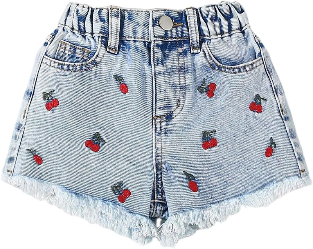 SweatyRocks Girl's Cherry Embroidery Denim Shorts Elastic Waist Distressed Raw Hem Cute Jean Shorts