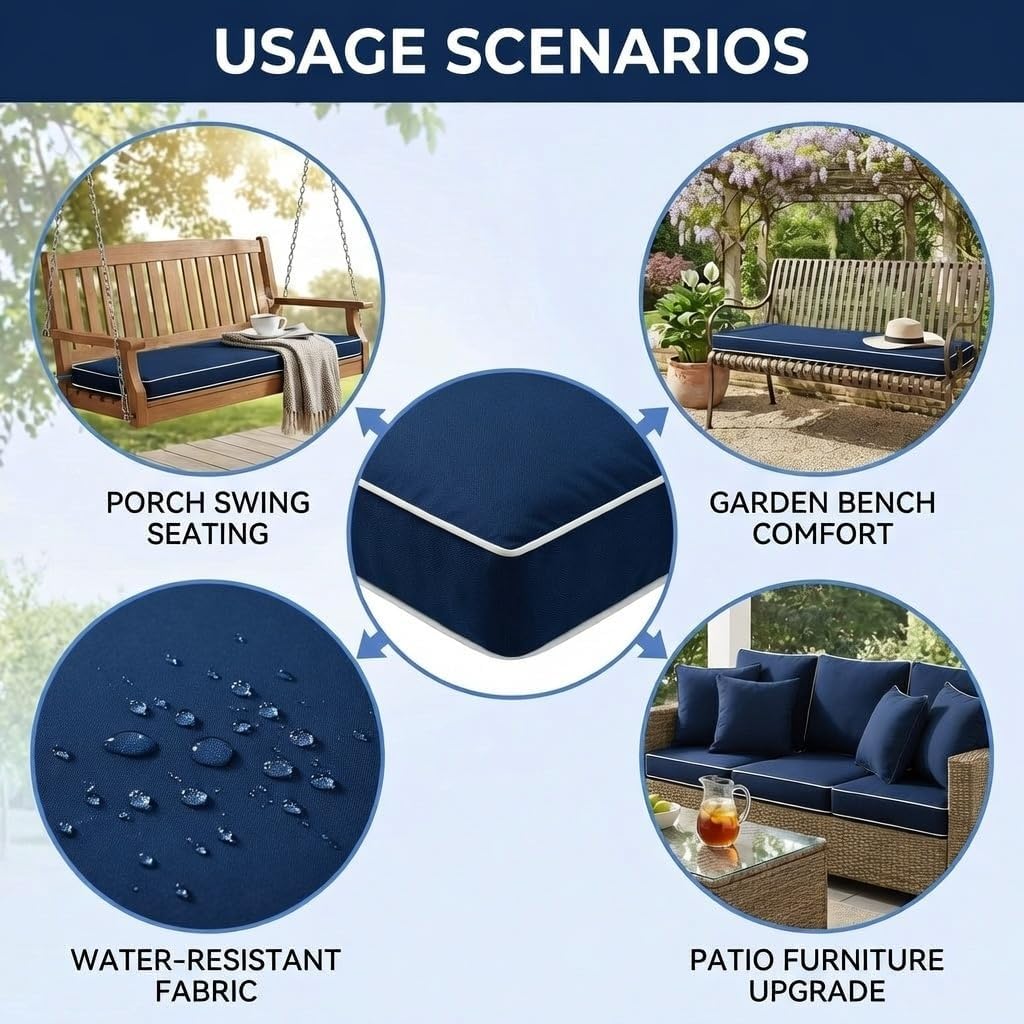 60 Inches Outdoor Bench Swing Cushions,Large 3 Seater Water Resistance Foam Cushion for Patio Porch Furniture