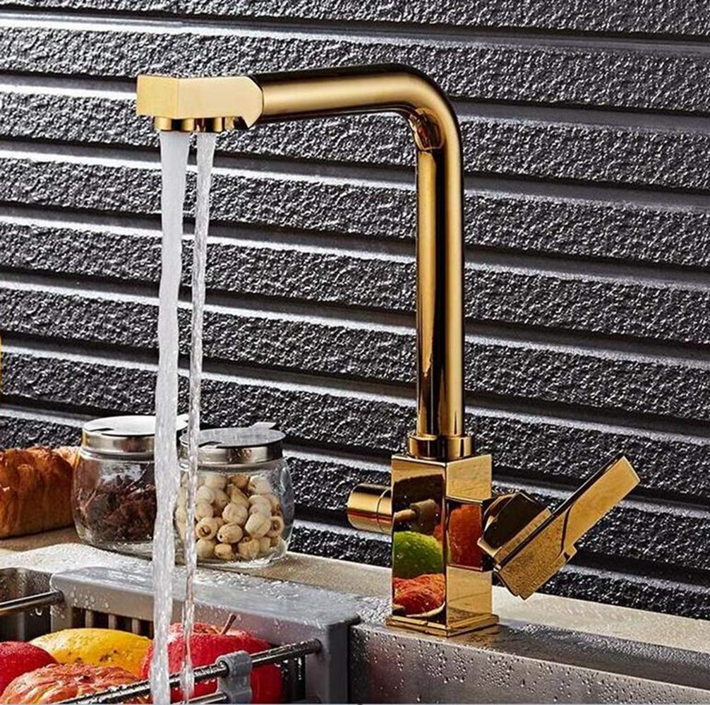 Robinet cuisine 3 voies carré doré pour éliminer les bouteilles plastique