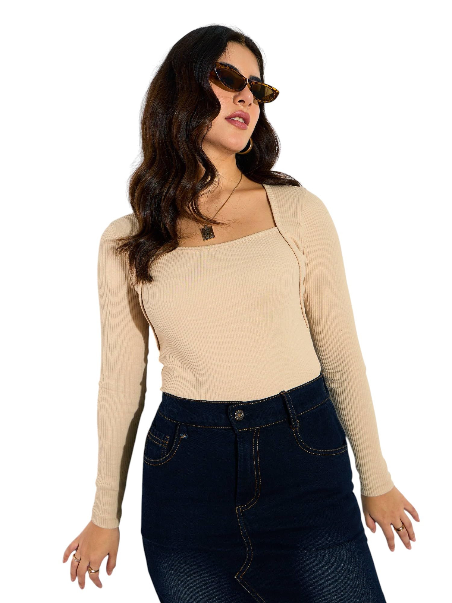 sassafras Women's Beige Rib Square Neck Full Sleeves Top-XXL-picture-36
