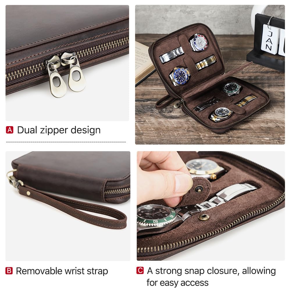 CONTACTS Étui de rangement fin en cuir véritable avec fermeture éclair et sangles de fixation pour montres - Café - 4 emplacements