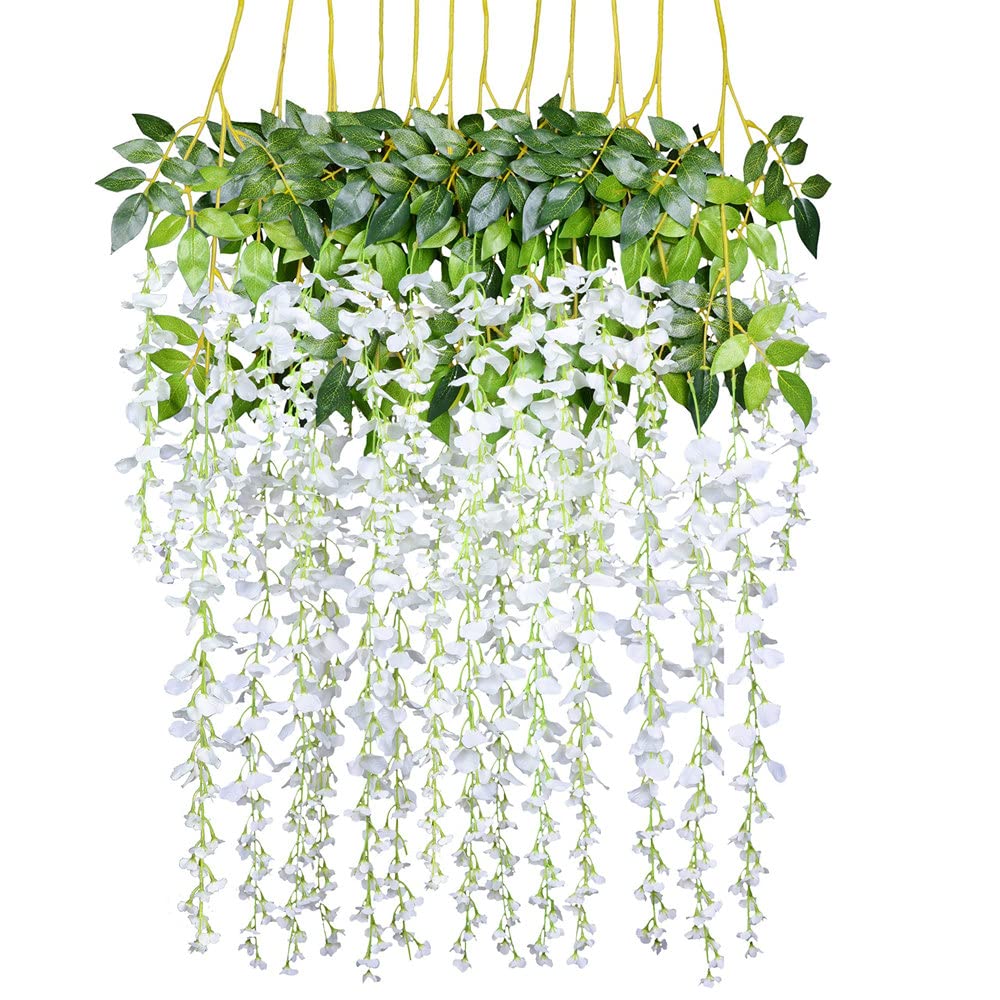 12 Pack 3.6 Feet/Piece Artificial Fake Wisteria Vine Ratta Hanging Garland Silk Flowers String Home Party Wedding Decor White