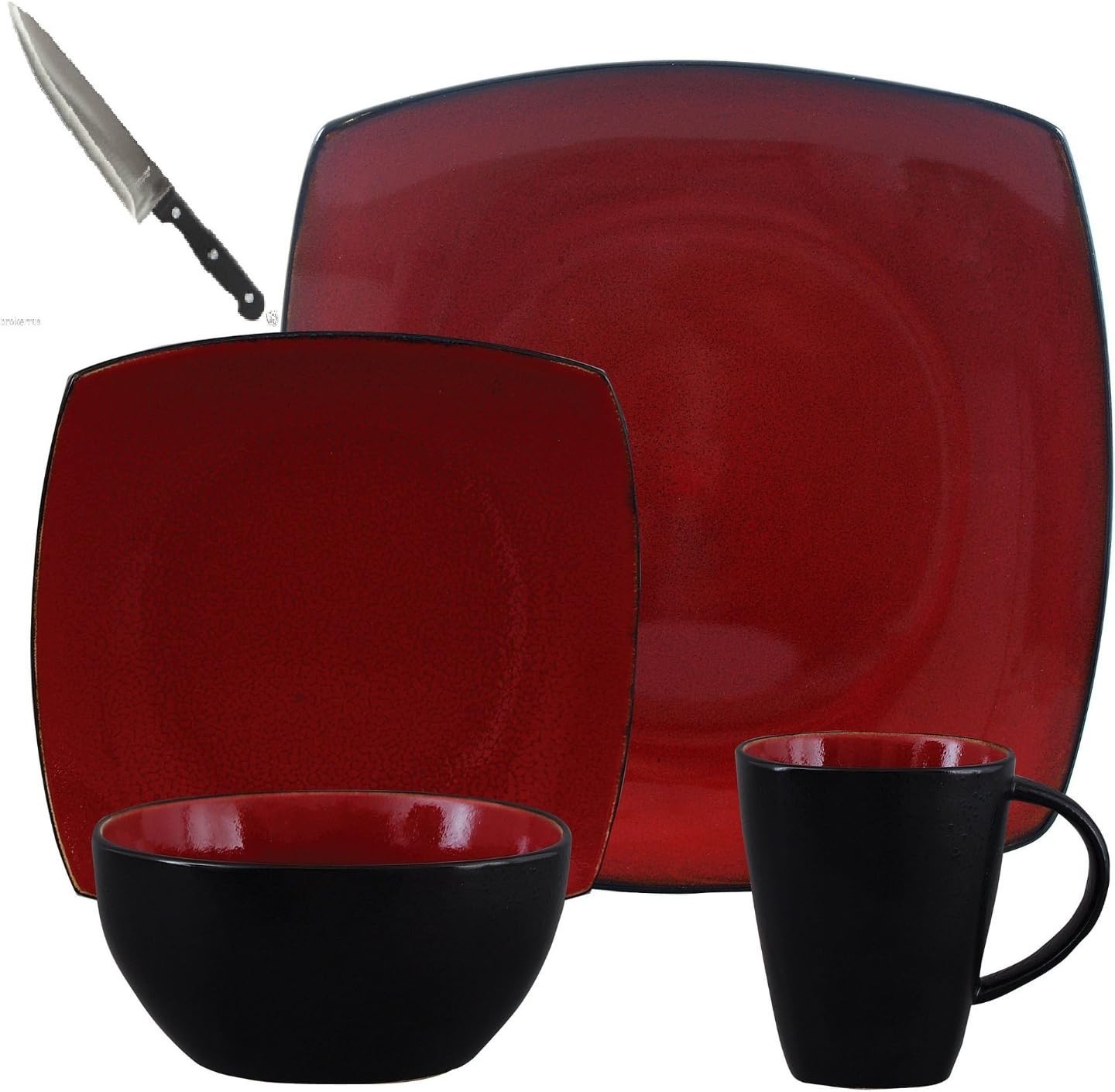 Gibson Soho Lounge Red 16-Piece Dinnerware Set with Complementary 7.5 Inch Chef Knife