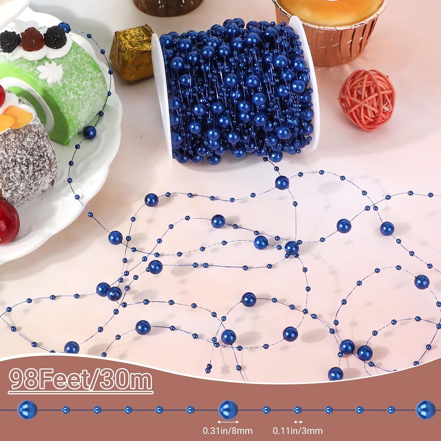 SUREAM 98 Feet Pearls String, Fishing Line Artificial Pearls String Beaded Wire for Craft, 3-8mm Faux Pearls Strand Roll for Flowers Wedding Christmas Decoration, Party Supplies(Blue image 2