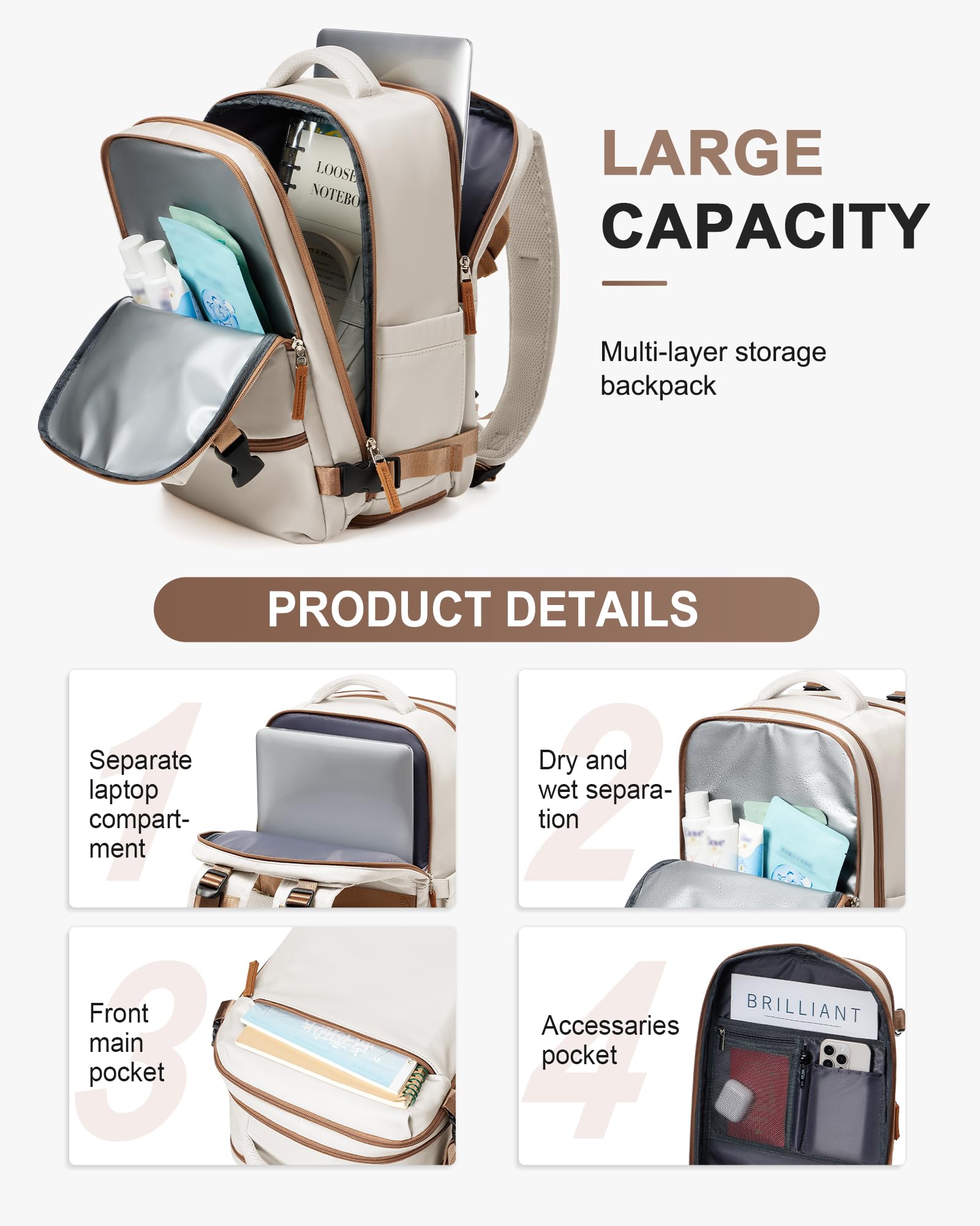 Zaino da Viaggio per Ryanair 40x20x25 Bagaglio a Mano Zaino Borse da Cabina per Ryanair Il Sedile Zaino Aereo Bagaglio a Mano Donna Borsa Cabina Viaggio Zaino Viaggio Casual Daypack,K4-Marrone beige