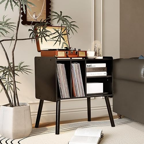 Miniatura 7 de Mesa para tocadiscos, soporte para tocadiscos de mediados de siglo con almacenamiento para vinilos con capacidad para más de 150 álbumes, gabinete