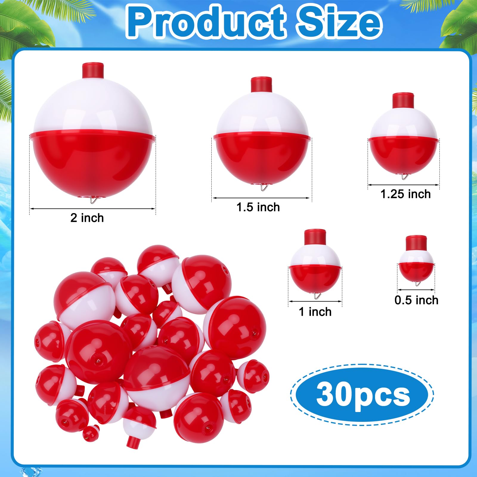 Coopay - Juego de 15 flotadores de Pesca (50 Unidades, plástico ABS, Cierre a presión), Color Rojo y Blanco, 0.5+1+1.25+1.5+2=30pcs