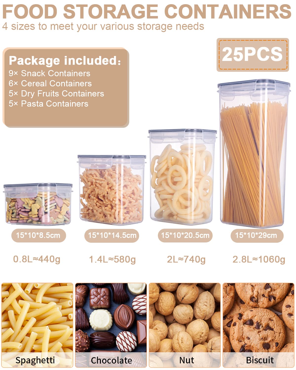 Contenitori Ermetici per Alimenti set 25 Pezzi, Contenitori Plastica Cucina con Coperchio,Spazzole，Etichette e cucchiai，Barattoli Ermetici per Cereali,Muesli,Pasta，Senza BPA（2.8L 2L 1.4L 0.8L）