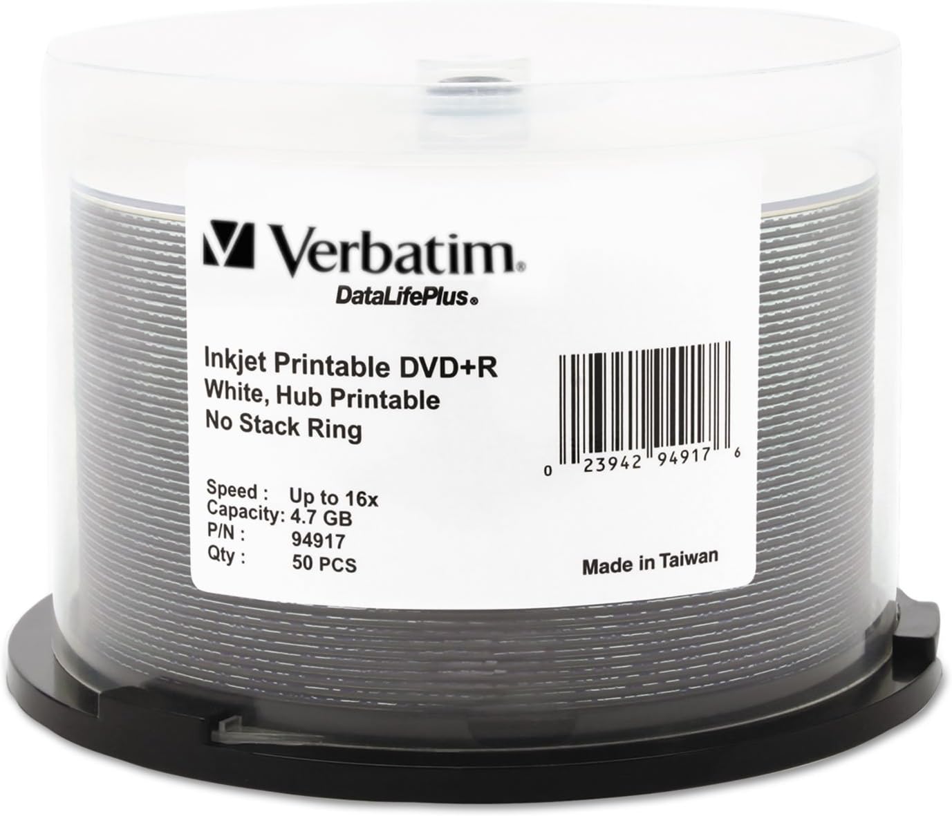 Verbatim DVD+R 4.7GB 16X DataLifePlus White Inkjet Printable, Hub Printable - 50pk Spindle - 94917, White