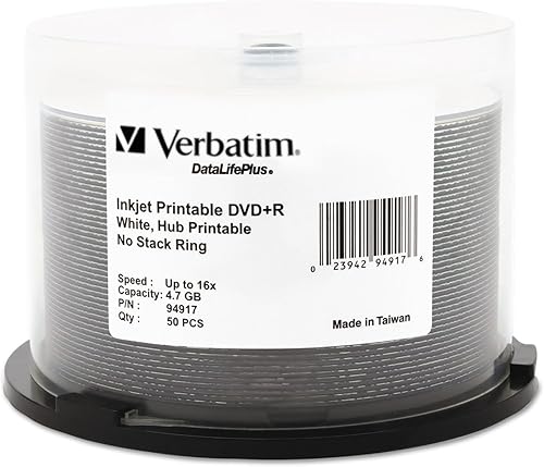 Verbatim DVD+R 4.7GB 16X DataLifePlus White Inkjet imprimible, Hub imprimible - 50pk Husillo - 94917, Blanco