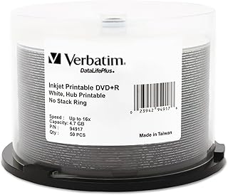 Verbatim 94917 Inkjet Printable Dvd+R Discs, 4.7Gb, 16X, Spindle, White, 50/Pack