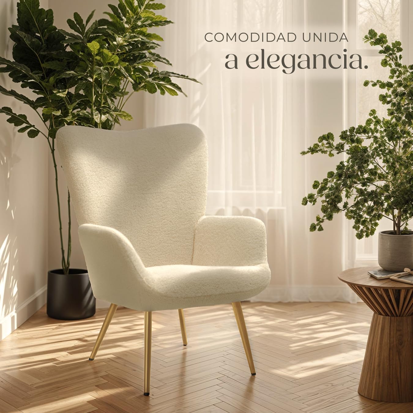 tectake® Sillón Orejero Estilo Escandinavo, Butaca de Salón con Tapizado en Tejido Bouclé, Sillón Lectura con Respaldo Ergonómico, Ideal Mueble de Salón, Topes en Patas, hasta 150kg - Crema/Dorado