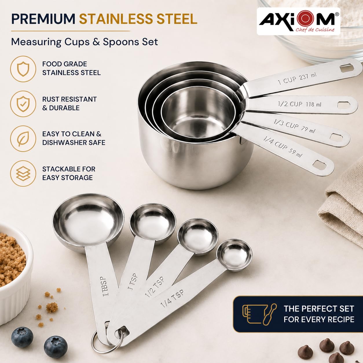 AXIOM Measuring Set of 8 pcs Stainless_Steel Professional Quality for Baking, Cooking, 4 Stackable Measuring Cups and 4 Stackable Measuring Spoons with Measurement Engraving Handle 1