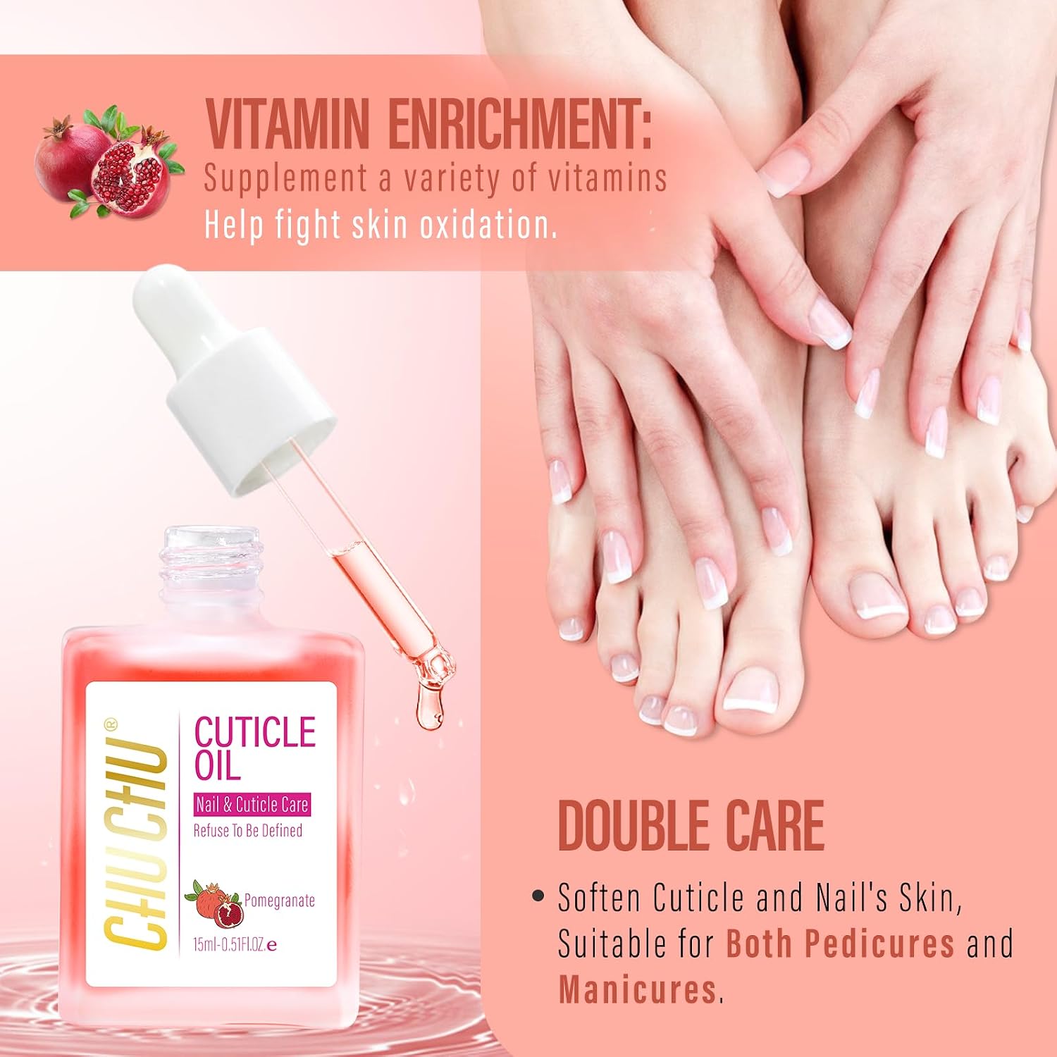 CHUCHU Vegan Cuticle Oil for Nail: Pomegranate Scent Natural Vitamin B & E Nail Oil - Hydrates Moisturizes Repairs for Nails Damage Dry Cuticle 0.51 Fl Oz