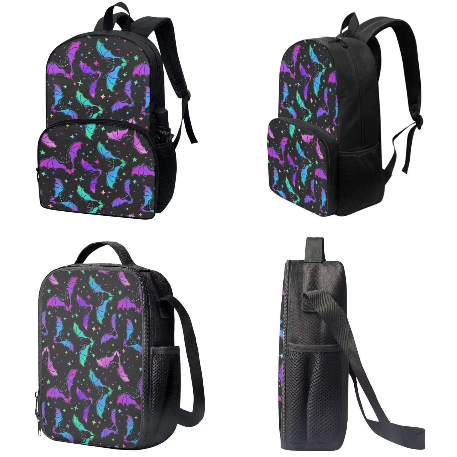 Poceacles Schultasche und Lunchbox-Set für Teenager, Jungen, Grundschule, Büchertasche, Federmäppchen für Grundschulkinder, Bunte Fledermäuse, Einheitsgröße