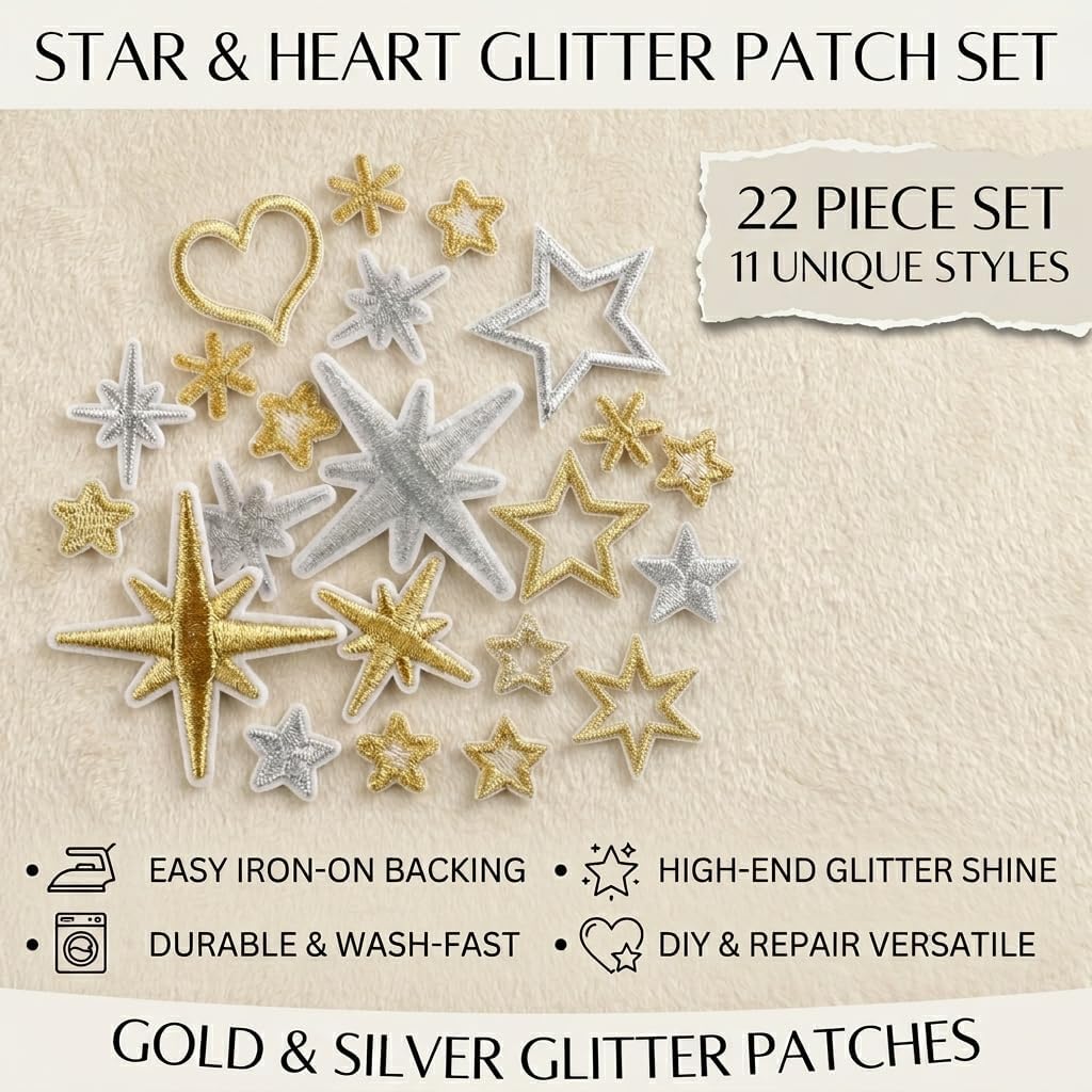 22PCS Gold Silver Star Heart Embroidered Patches, Iron on Appliques image 4