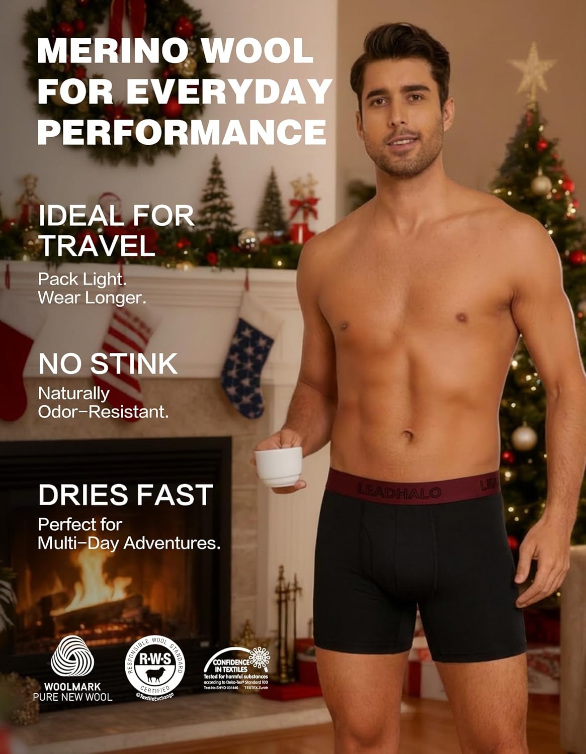 Long Merino Wool Underwear Men for Athletic,Pouch Moisture Wicking Underwear for Mens,Breathable Boxer Briefs 3 Pack - Image 2