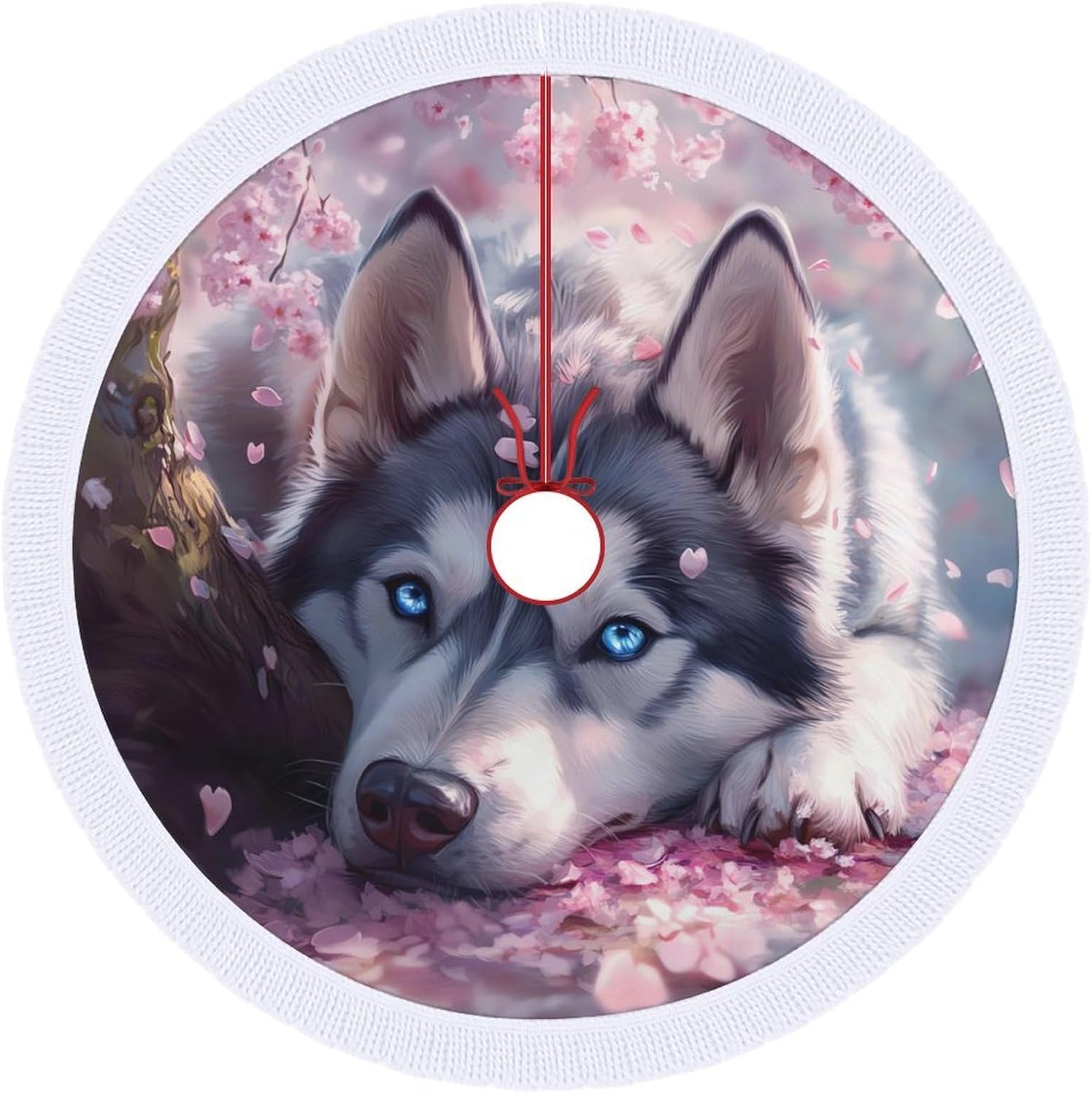 Cute Dog Husky Christmas Tree Skirt Round Xmas Tree Mat Ornaments Tree Skirts with Tassels for Holiday Party