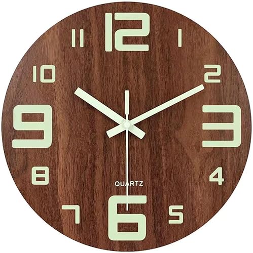 Reloj de pared luminoso de 12 pulgadas, diseño de madera silencioso, luces nocturnas brillantes, reloj de pared redondo para sala de estar y