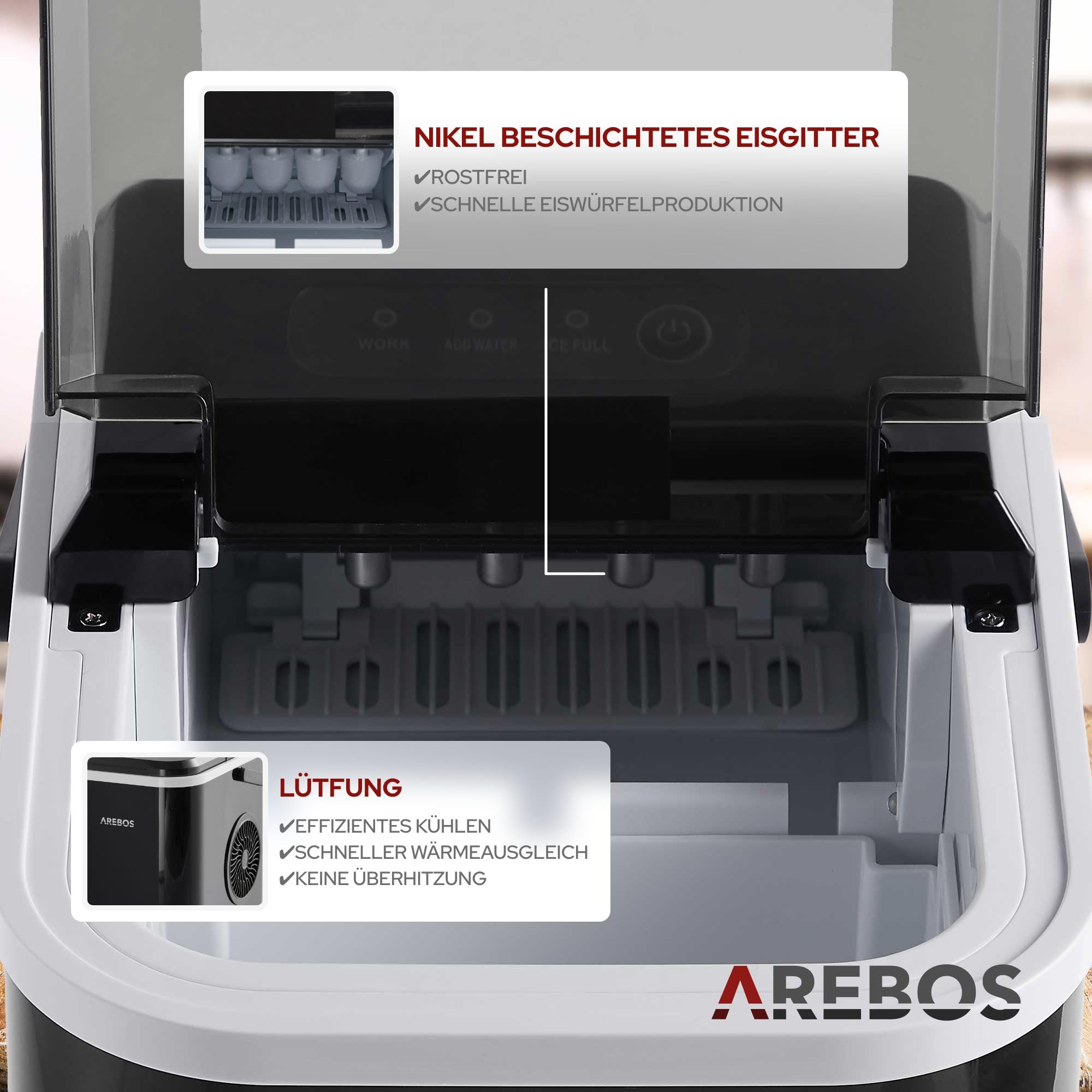 Arebos Eiswürfelmaschine 12 kg/24h | Ice Cube Maker R600a | 8 Eiswürfel in 10 Min | 1,1L Tank | Selbstreinigend & Leise | inkl. Schaufel & Behälter | Eiswürfelbereiter mit Sichtfenster | Schwarz