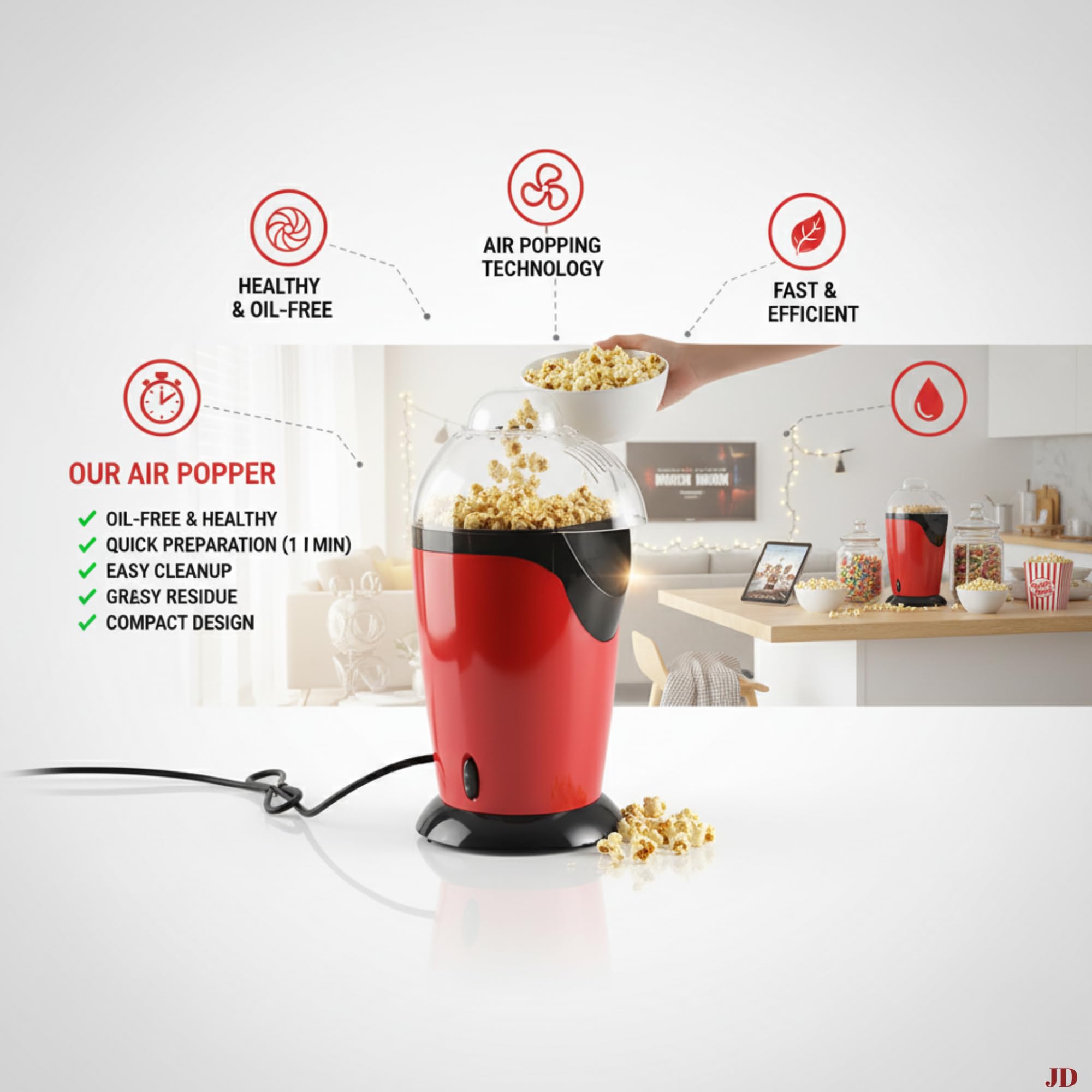 SHINERA JEWELS Hot Air Popper, Electric Popcorn Maker Machine with 830W, No oil needed, Healthy and Delicious Snack for Kids, Adults.Great for Holding Parties in Home 1