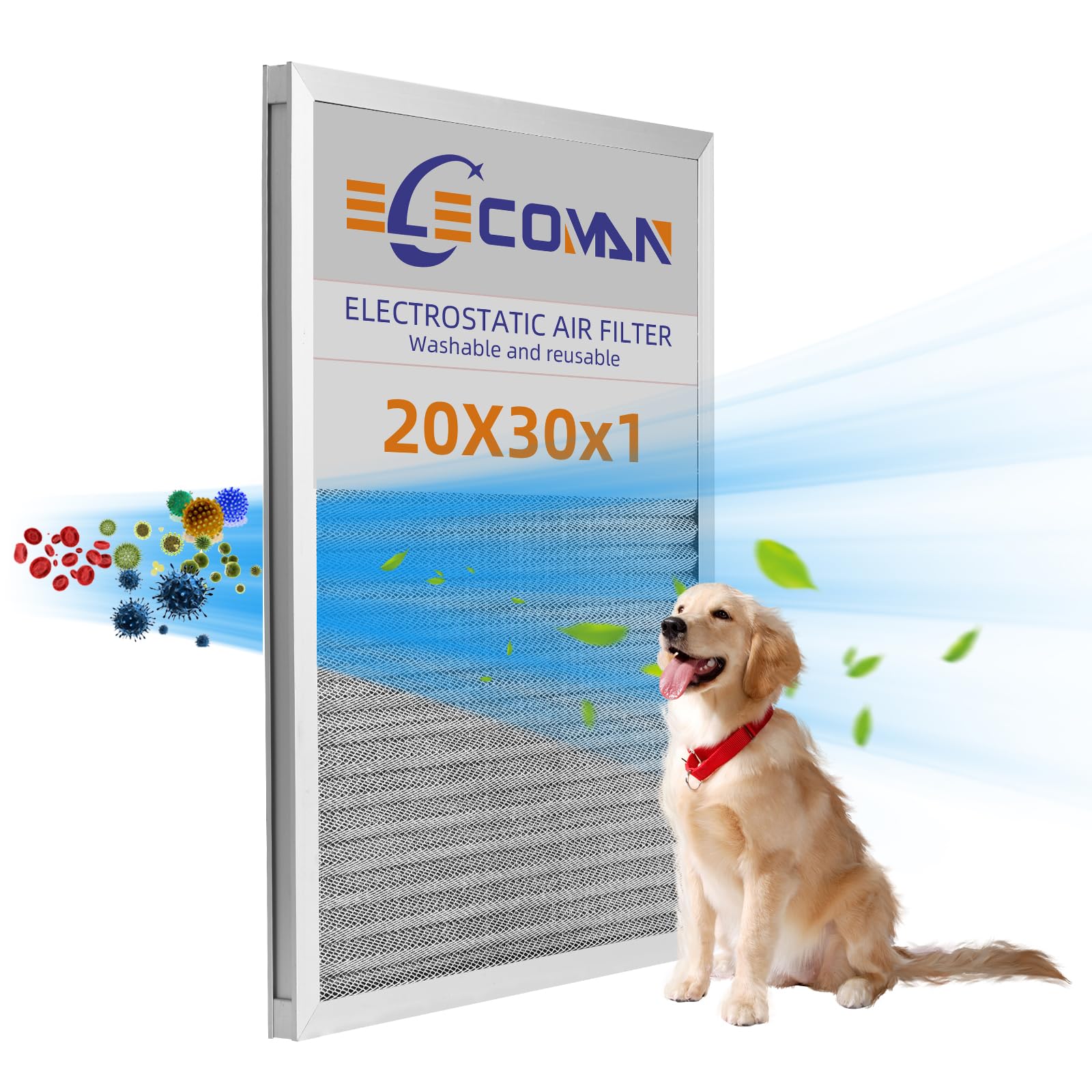 Elecoman 20x30x1 Reusable Air Filter,MERV 8 Electrostatic Aluminum AC/HVAC Furnace Filter,Washable Permanent Air Filters for Home/Office，Easy to