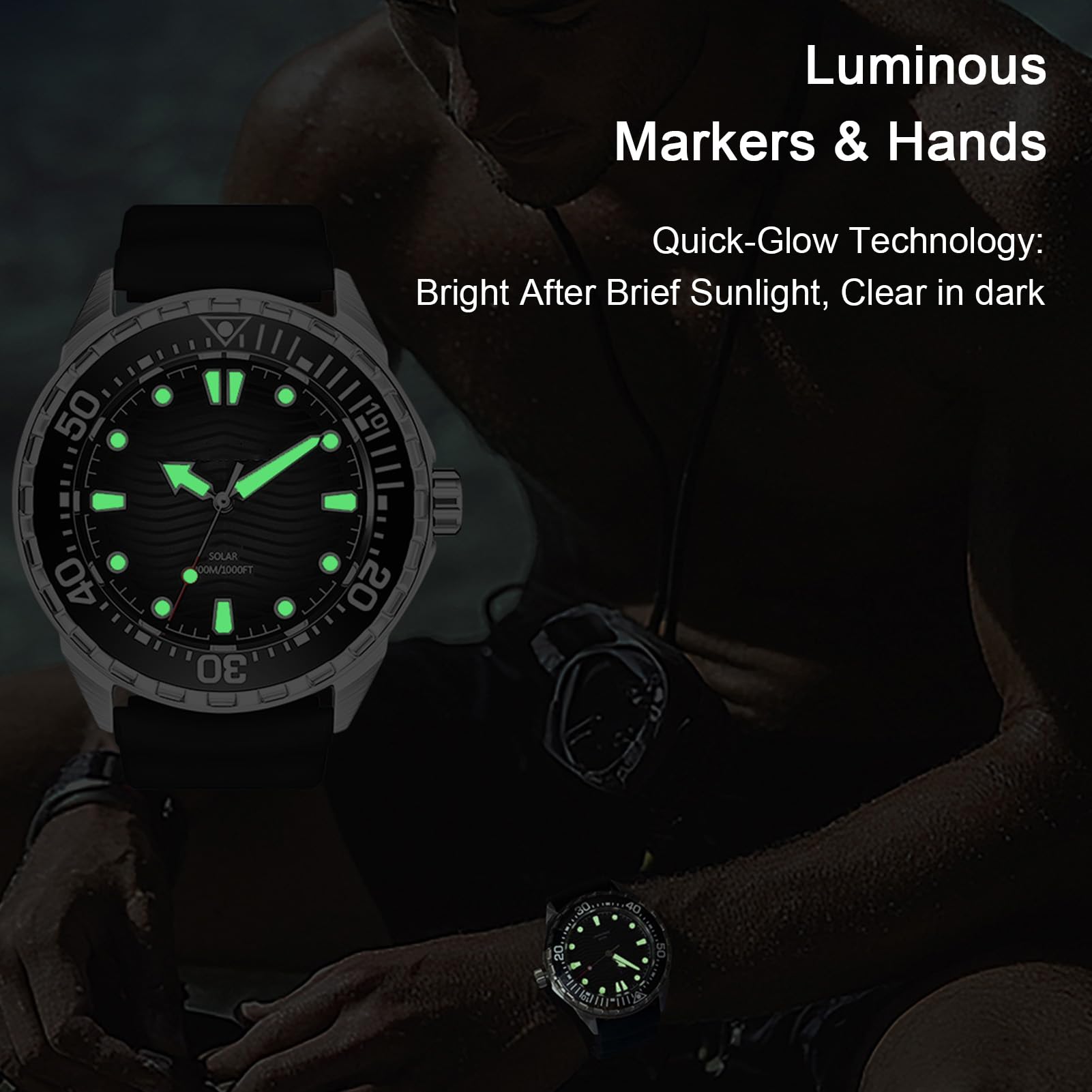 Orologio Subacqueo Al Quarzo Ad Energia Solare, Cinturino in Silicone Luminoso Impermeabile 300M in Acciaio Inossidabile, con Luce Notturna per Uomo Donna Nuoto Subacqueo