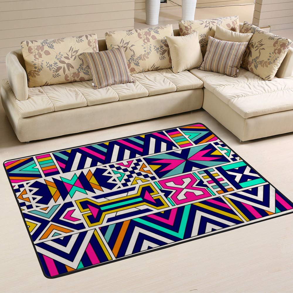 Tapis de salon durable et facile à nettoyer grand format motif géométrique aztèque coloré