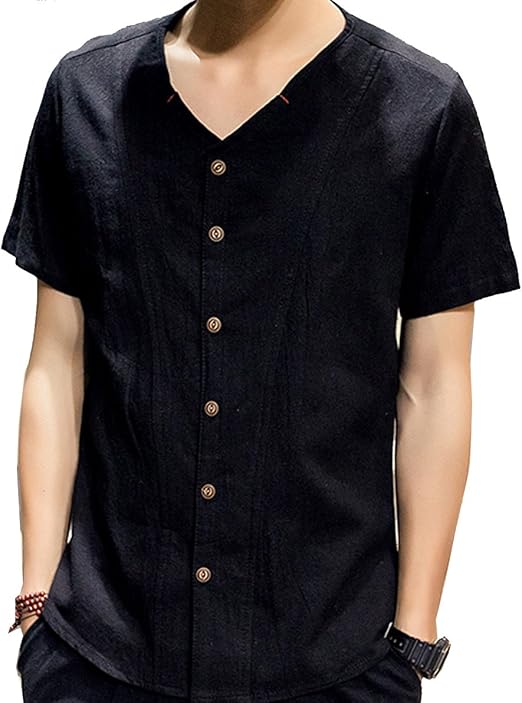 SWORLD Men's Lightweight Solid Stitching Collarless Short Sleeves Curve