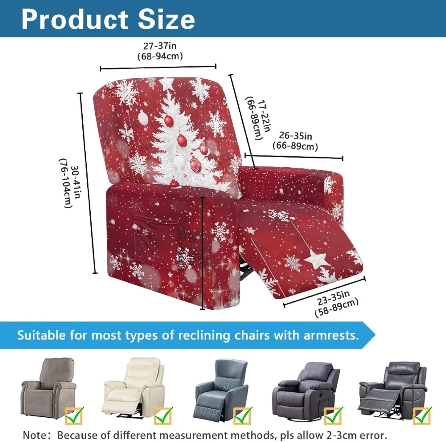 White Christmas Tree Non-Slip Christmas Recliner Sofa Cover for Study Room Stretch Furniture Protector Covers with Storage Pockets for Wedding Party Banquet