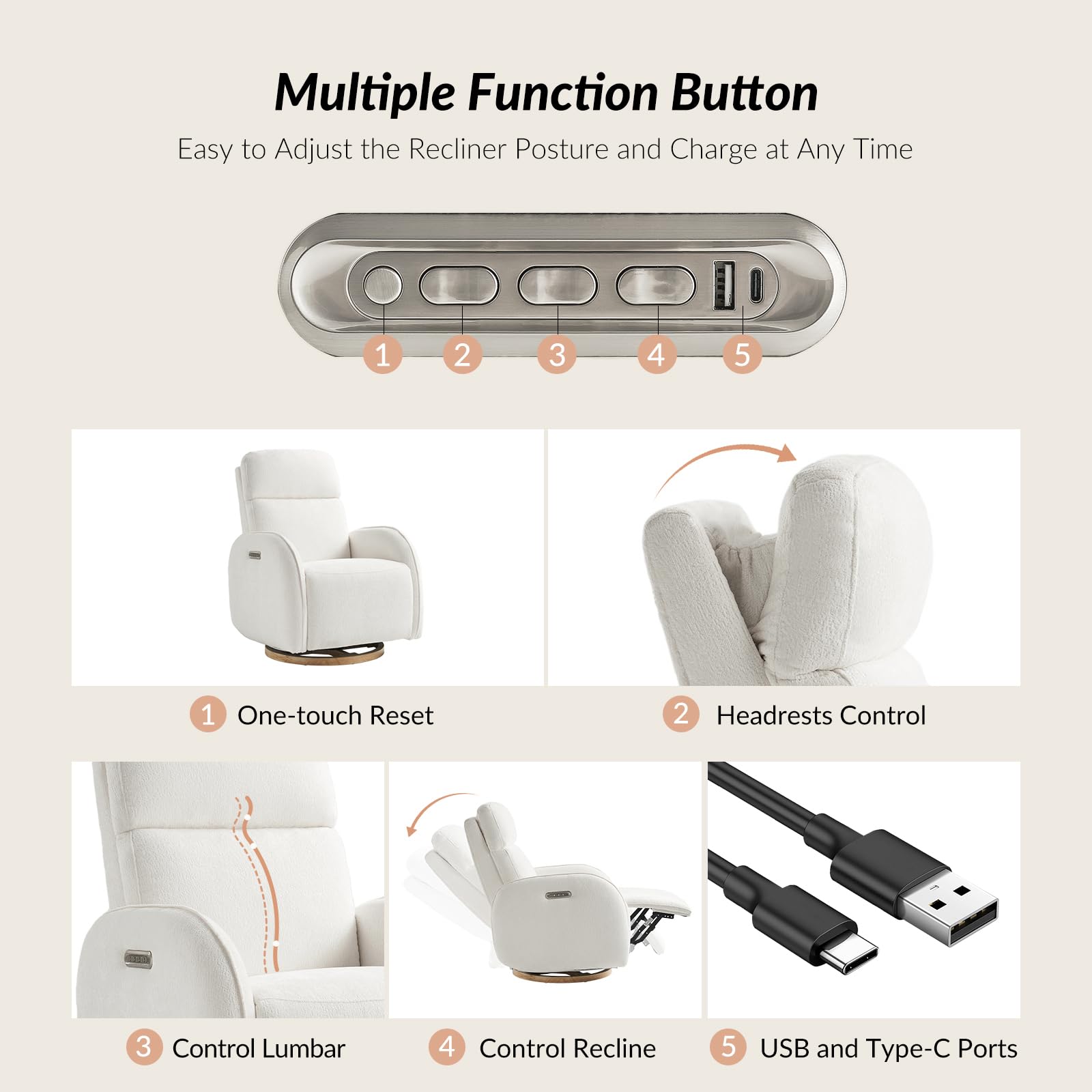 HULALA HOME Glider Recliner Nursery Chair with Adjustable Headrest and Lumbar Support, Modern Power Recliner with USB Port and Nightlight, Swivel Rocker Glider for Nursing Room Bedroom, White