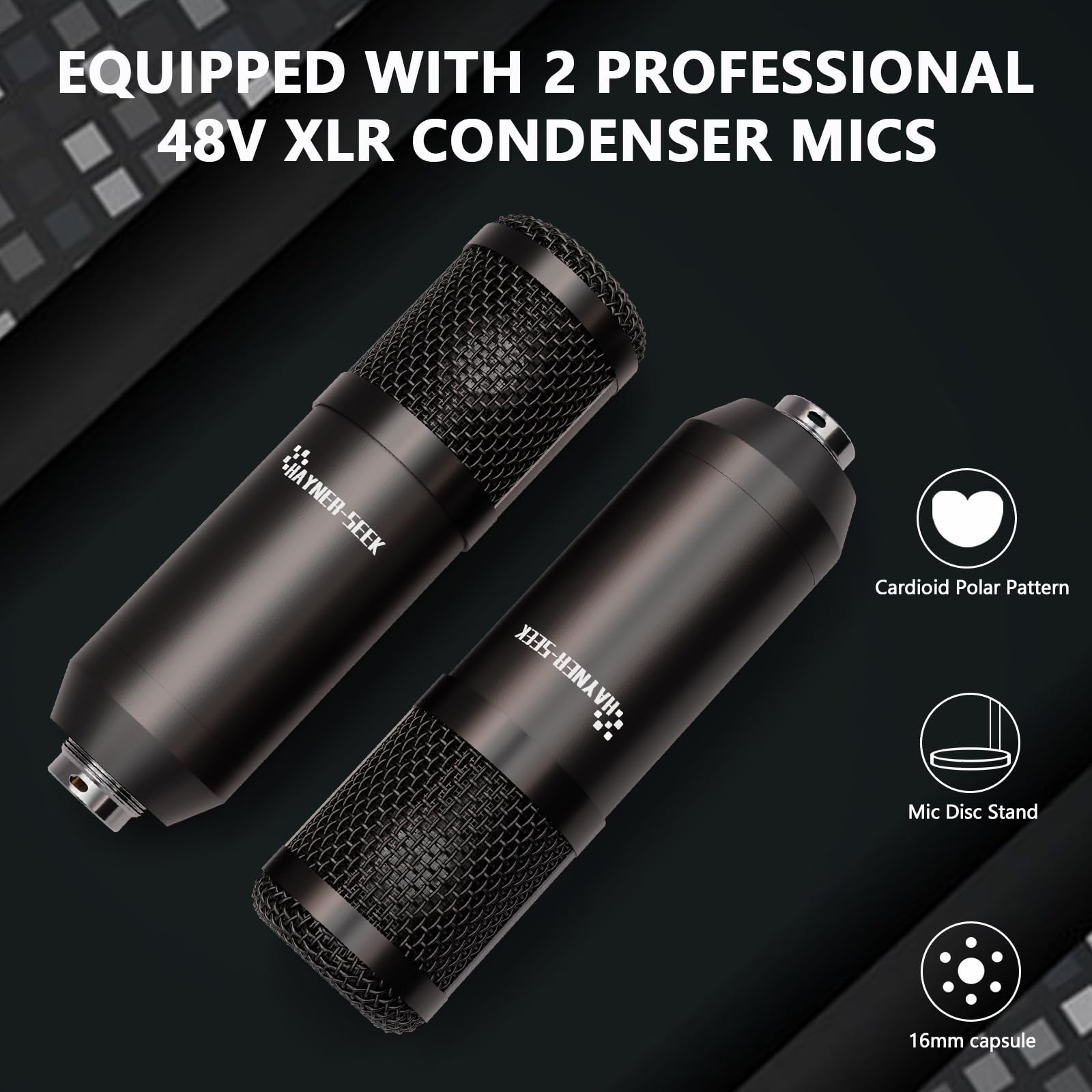 Podcast-Ausrüstungspaket für 2, Audio-Schnittstelle mit 8 GB Speicherkarte und XLR-Kondensatormikrofonen, Stereo, Denoise, RGB, integrierter Recorder, 48 V Phantom für Streaming, Podcast-Aufnahme