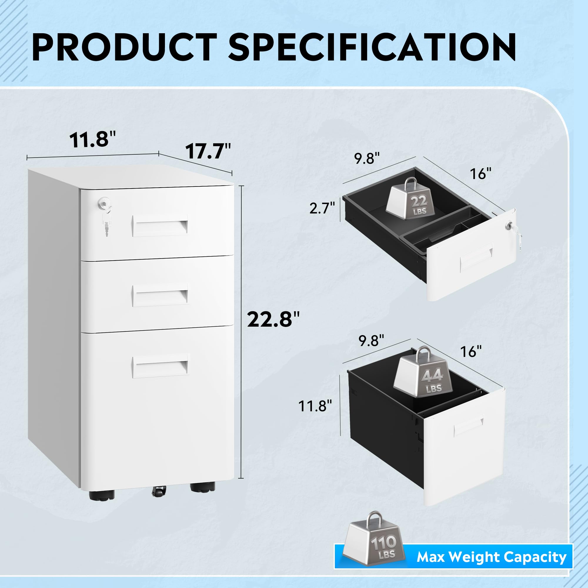 DEVAISE 3-Drawer Slim File Cabinet, Small Mobile Filing Cainet with Lock for Home Office, Fits Letter/Legal/A4 Size, 11.8 x 17.7 x 23.2 Inches (Pre-Assembled, Black): White 17.7" D x 11.8" W x 22.8" H