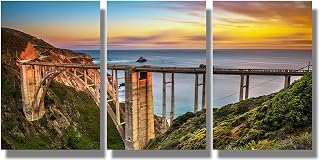 3 Pieces Bixby Bridge Canvas Wall Art California Landscape Posters Wall Art Rocky Creek Bridge Pacific Coast Highway Wall Painting Prints California USA Home Decor Framed Ready to Hang 12X16X3 INCH