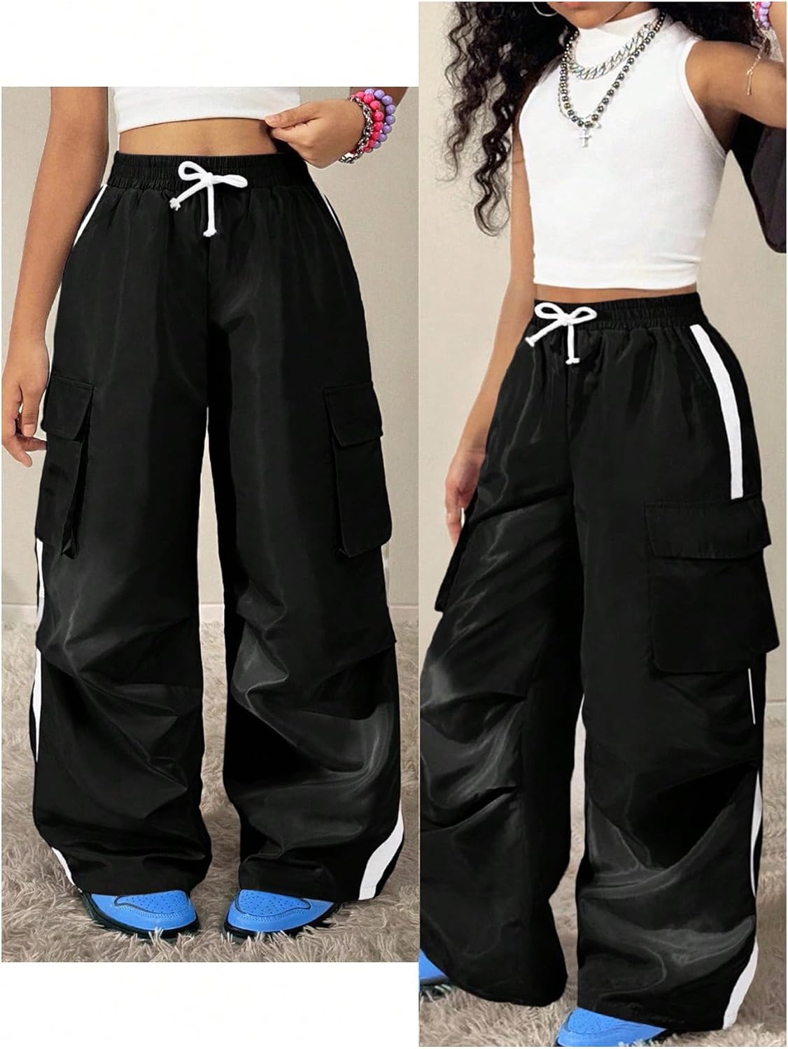 Girl's Baggy Cargo Pants Elastic Waist Wide Leg Trousers Y2k Parachute Pants