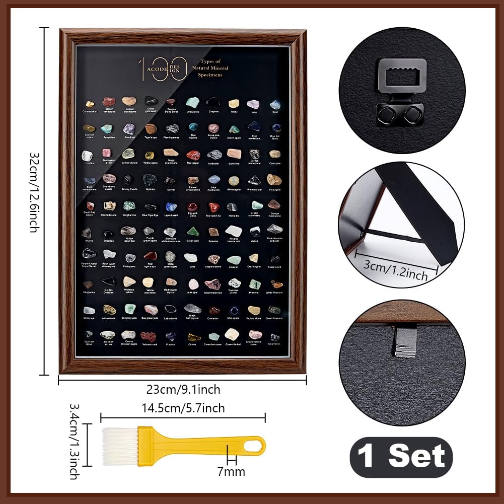 PH PandaHall 100pcs Crystals Stones Natural Mineral Specimen Shadow Box Mixed Stone Crystal Collection Display Frame Crystal Chips Set for Home Office Desk Decor Birthday Gift Giving