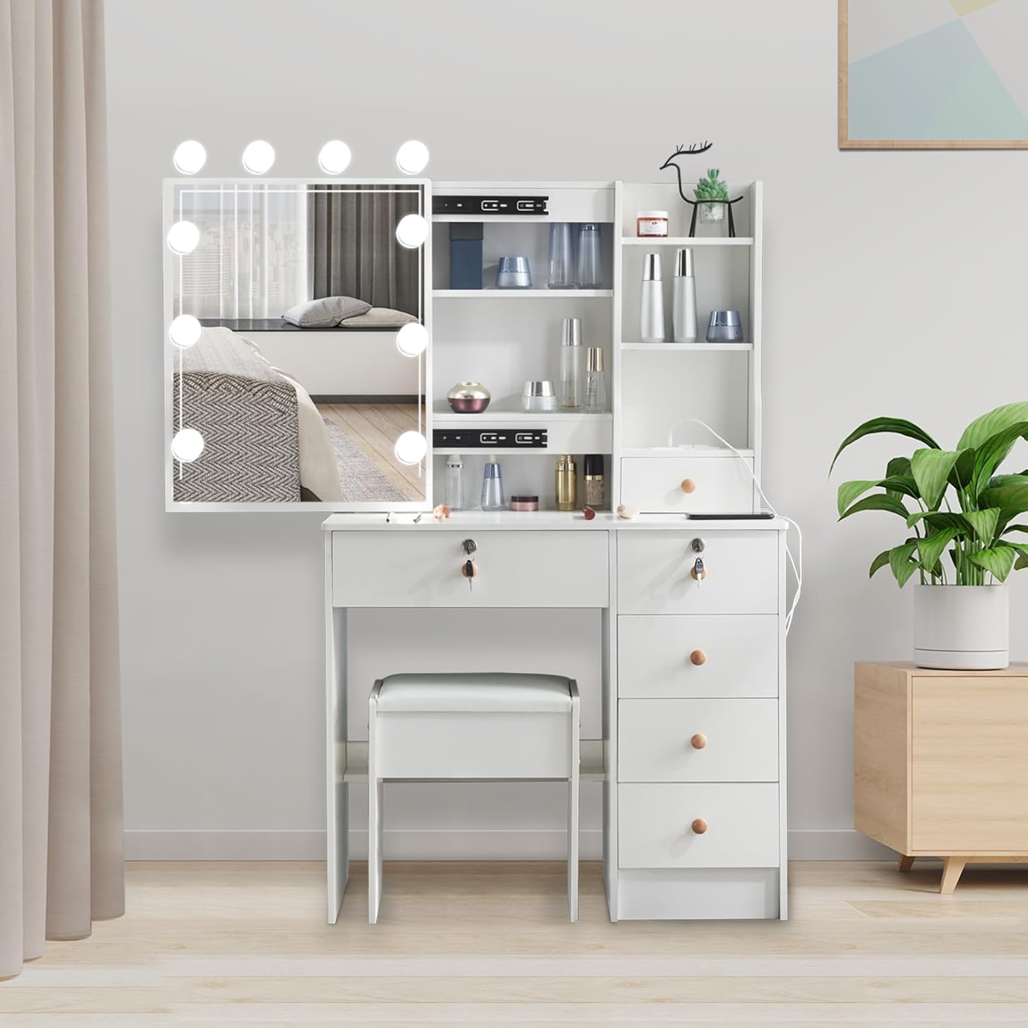 White Vanity Desk with Lights and Mirror, Modern