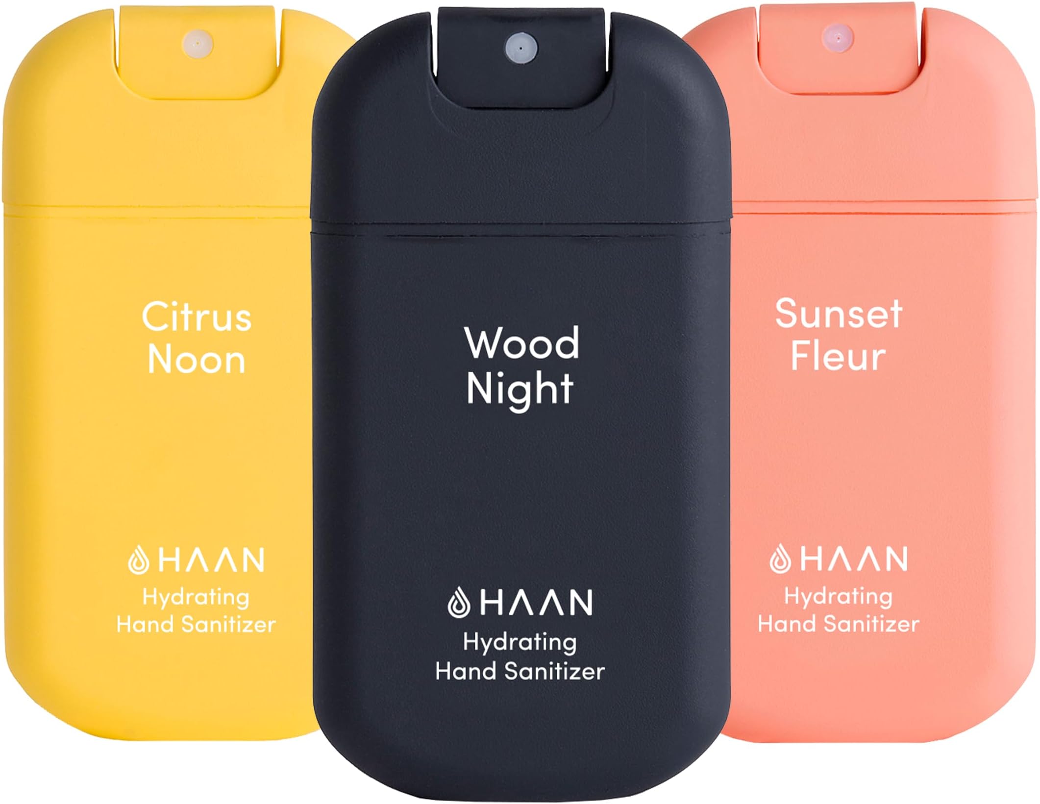 HAAN Hydrating Hand Sanitizer Spray with Aloe Vera (3 Pack), Cleanses Your Hands - 1 of Each Scent: Citrus Noon, Wood Night, Sunset Fleur, 1.01 fl. oz.
