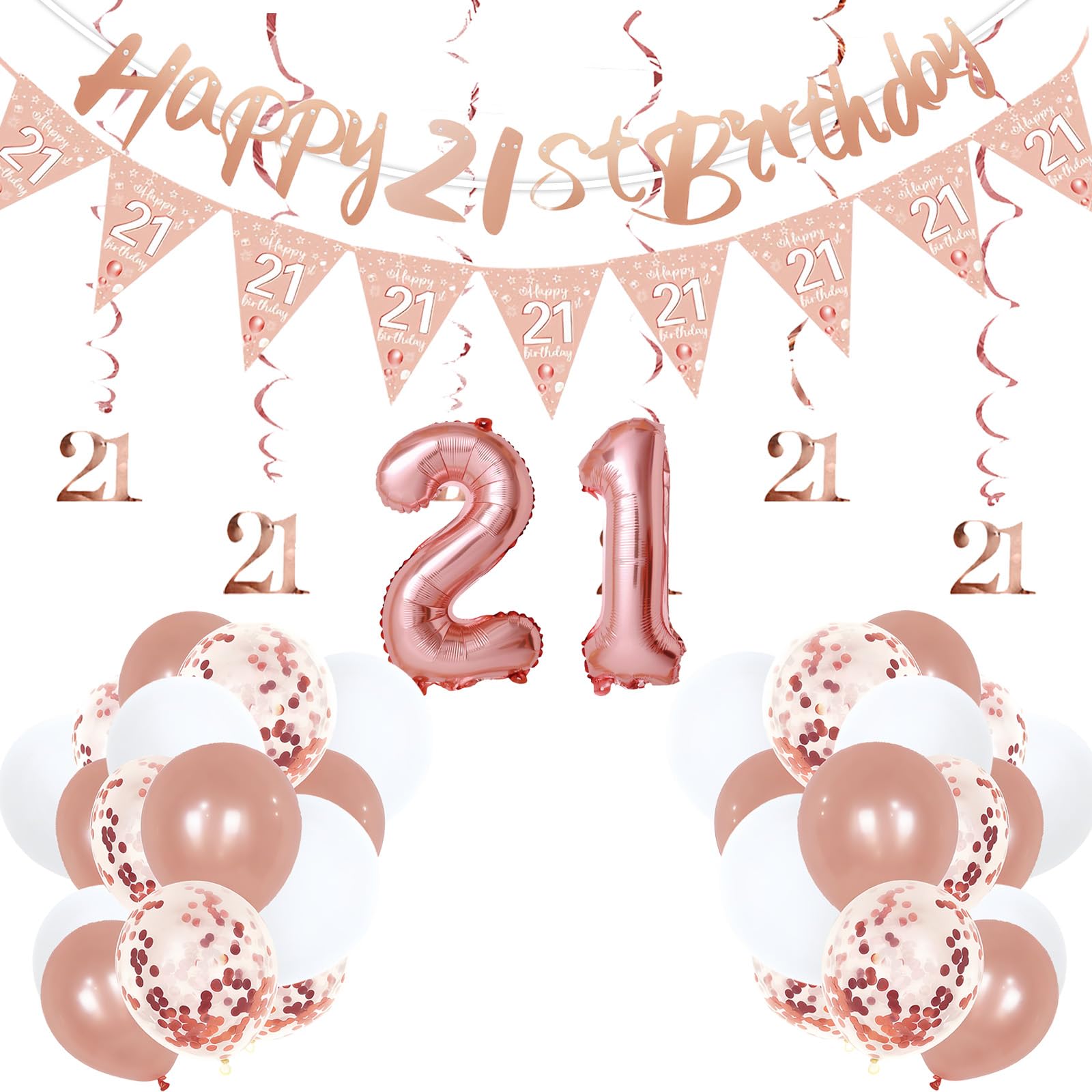 40PCS 21st Birthday Decorations for Her, Rose Gold Birthday Decorations 21st Birthdays Banner with Triangle Flags, Hanging Swirls and Balloons Set, 21 Birthdays Party Supplies for Women
