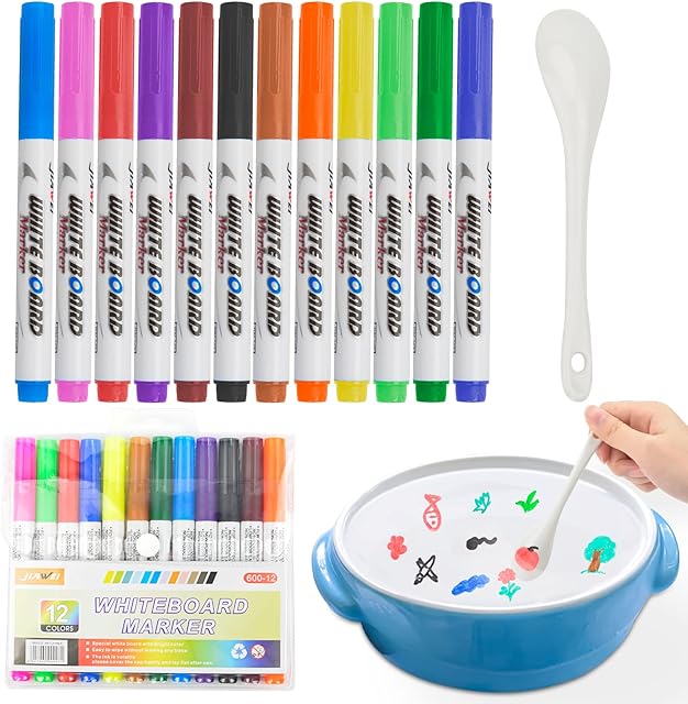 Pipihome Magical Water Painting Pen -12Color Painting Floating Pens with Spoon, Erasable Markers Pens Magic Water Pens - Blow Pens Painting Floating Marker Pens for Kids Girls Boys