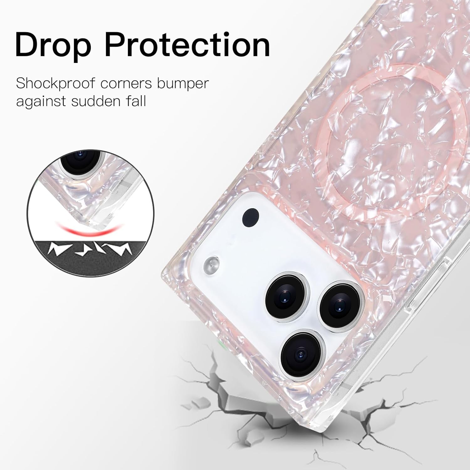 AIGOMARA Magnetic Rectangle for iPhone 17 Pro Max Case, Compatible with Magsafe, Luxury Glitter Sparkle Opalescent Pearl for Women Girls, Stylish Glossy Protective Shockproof Phone Cover, Pink - Image 5