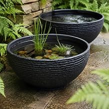 Muddy Hands Pack of 2 Large Stone Effect Water Feature Bowls, 40.5cm Round Heavy Duty Plastic Mini Pond Containers, No Drainage Holes, Charcoal, Indoor Outdoor Garden Patio
